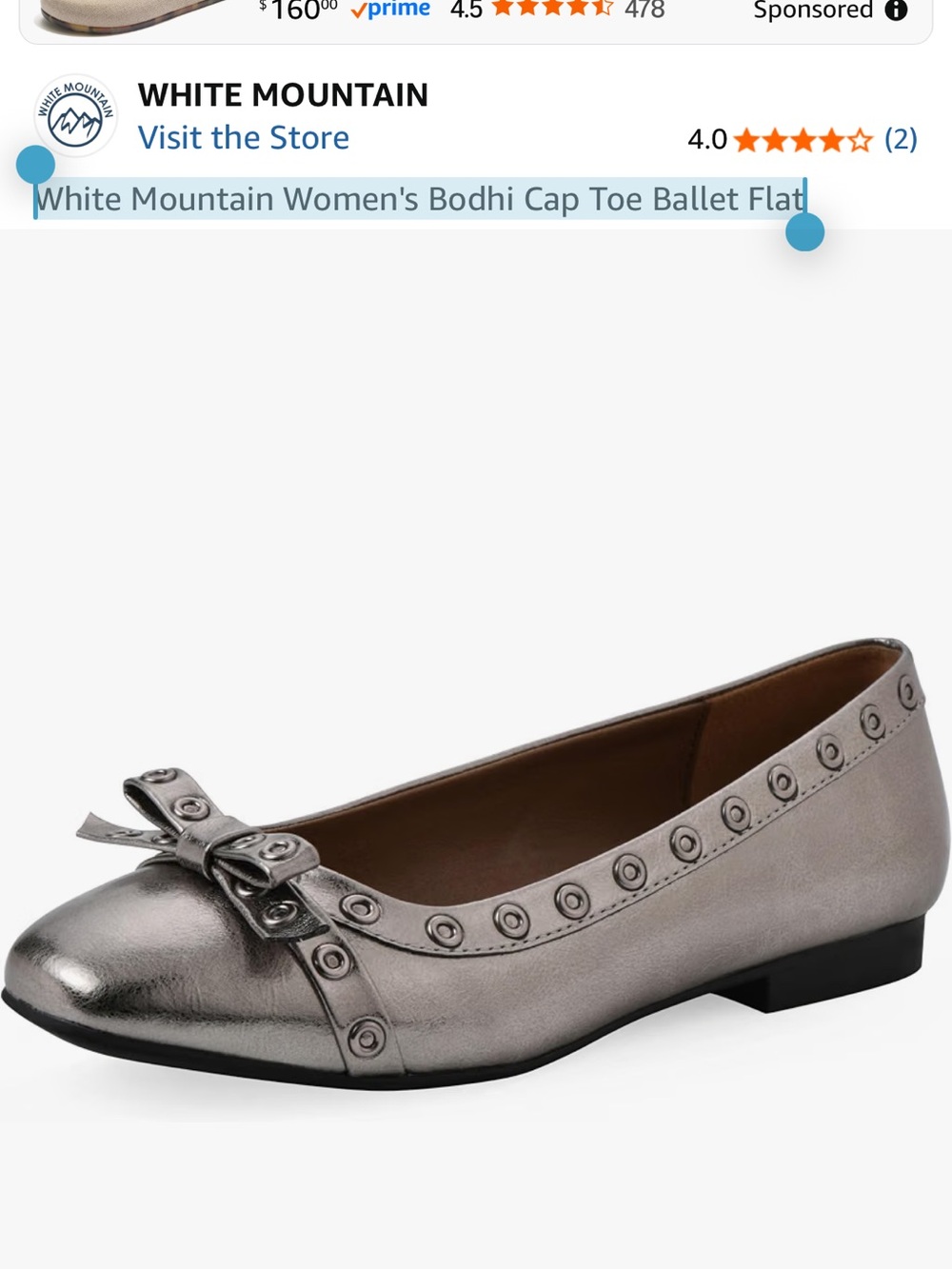 White Mountain Metallic Pewter Cap-Toe Ballet Flat with Bow